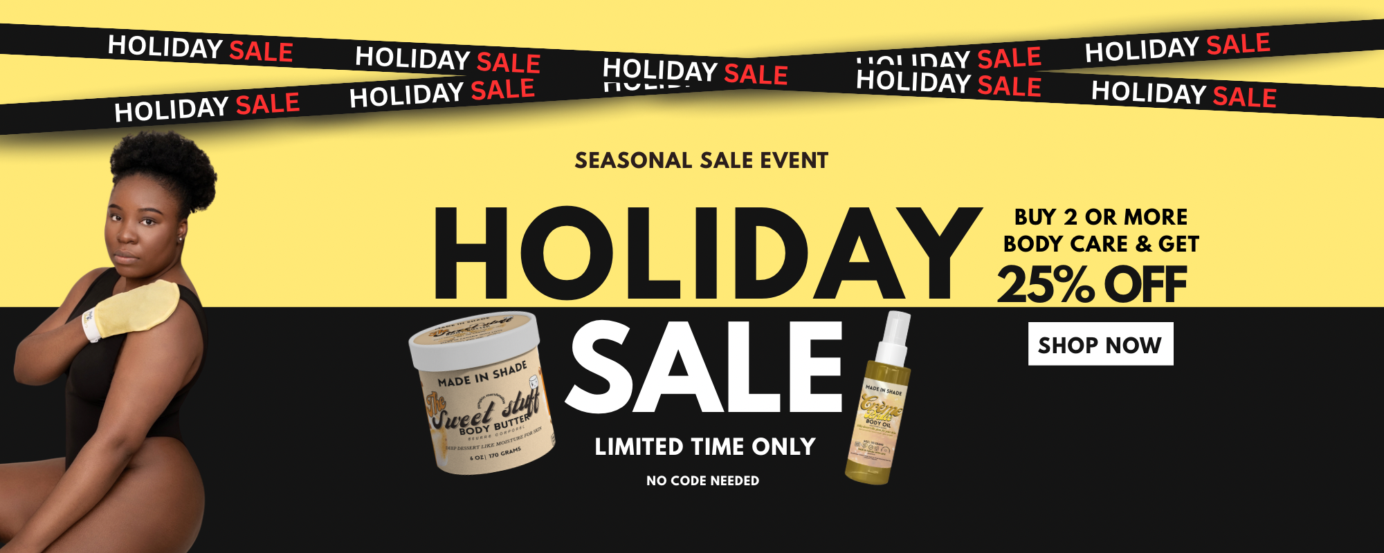 Promotional banner for a holiday sale with a woman and skincare products.